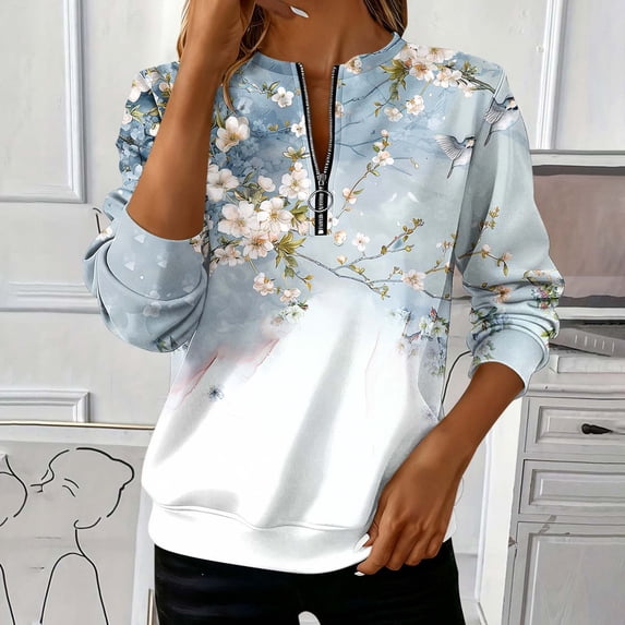Ovbmpzd Crew Neck Sweatshirt For Women Long Sleeve Half Zip Fall Printed Shirts Winter Trendy Loose Fitting Tops
