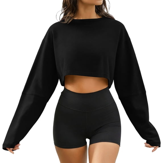 Ovbmpzd Crew Neck Sweatshirt For Women Long Sleeve Trendy Cropped Summer Shirts Cute Casual Spring Black Tops