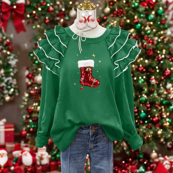 Ovbmpzd Crew Neck Sweatshirt for Women Long Sleeve Fall Letter Printed Christmas Shirts Ruffled Sleeve Green Loose Fitting Winter Tops,M