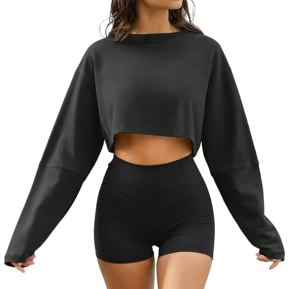 Ovbmpzd Cropped Crew Neck Sweatshirt For Women Long Sleeve Trendy Summer Shirts Dark Gray Spring Casual Cute Tops