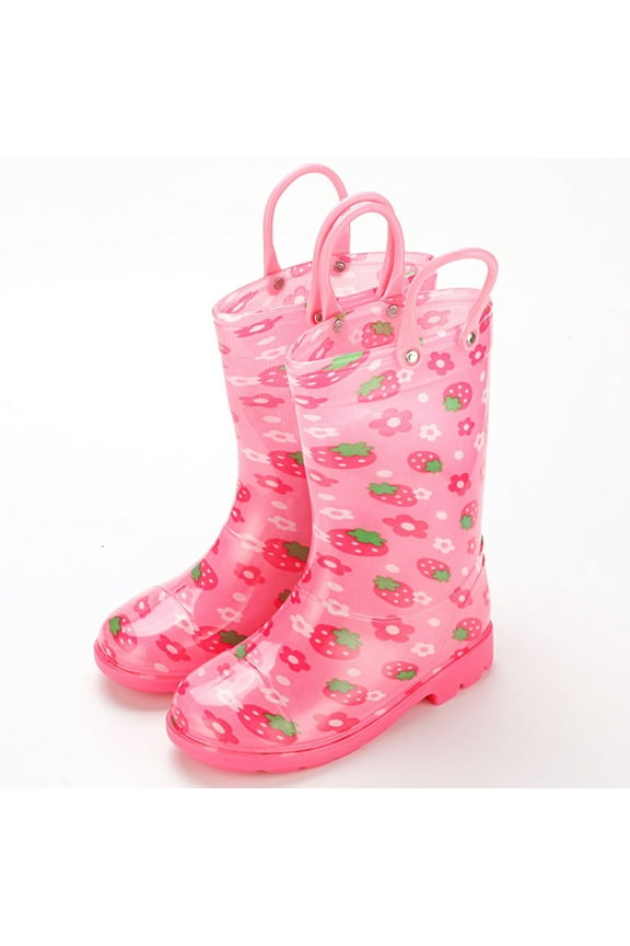 Cute Girls Rain Boots 5-6 Years Pink Waterproof Non-slip Sole Mid Calf Boots with Easy-On Handles Girls Boots Size 5