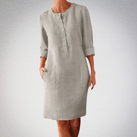 Ovbmpzd Dresses for Women Casual Summer 3/4 Sleeve Midi Linen Dresses Pockets Crew Neck Beige T-Shirt Dresses,XXXXXL