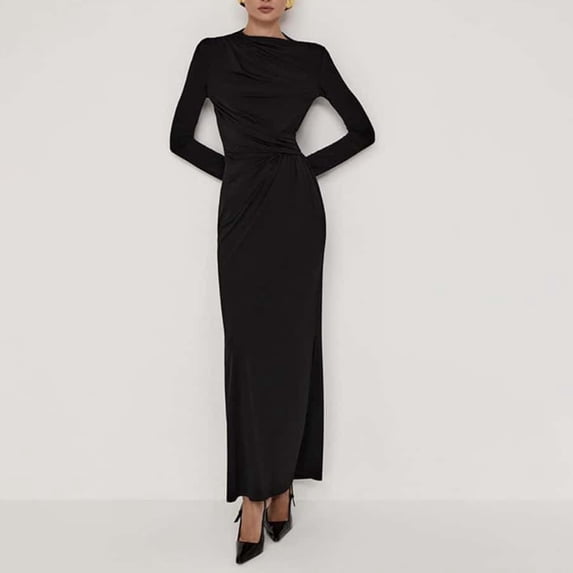 Ovbmpzd Elegant Maxi Dresses for Women Black Classy Wedding Guest Bodycon Dresses Long Sleeves Slim Mock Neck Cocktail Dresses