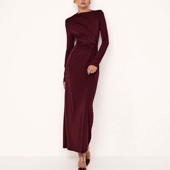 Ovbmpzd Elegant Maxi Dresses for Women Classy Red Wedding Guest Bodycon Dresses Slim Long Sleeves Mock Neck Cocktail Dresses