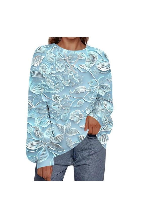 Floral Sweatshirt Women Light Blue Graphic Crewneck Soft No Hood Sweatshirts Petite Tops for Women