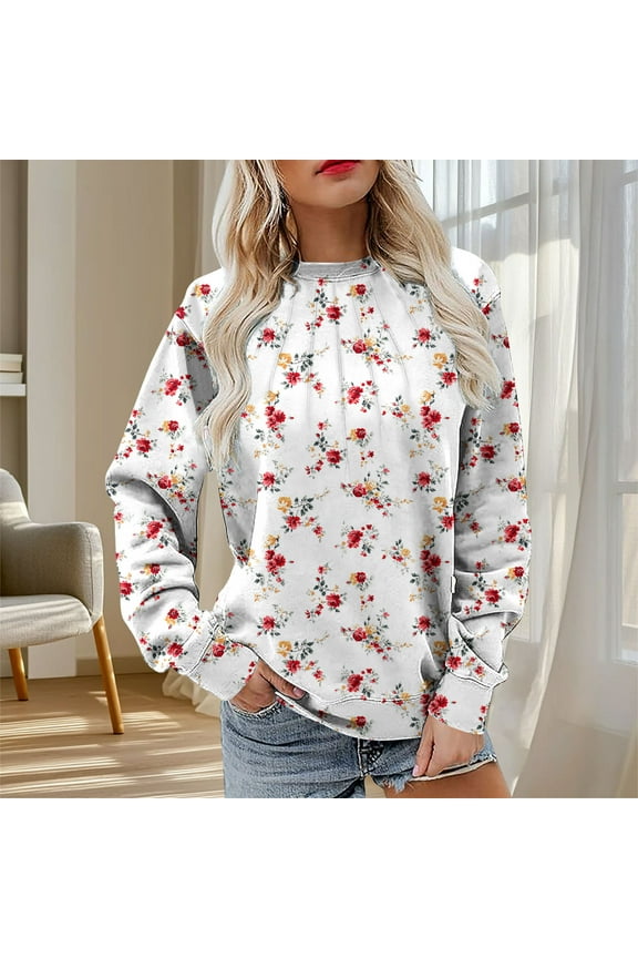 Floral Women Sweatshirt Crewneck Graphic Smocked White No Hood Comfy Sweatshirts Petite Tops for Women
