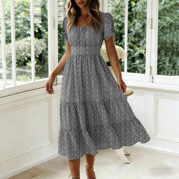 Ovbmpzd Flowy Sundresses Summer Dresses for Women 2026 Black Boho Puff Sleeve Long Smocked A-Line Square Neckline Summer Dresses for Women,L