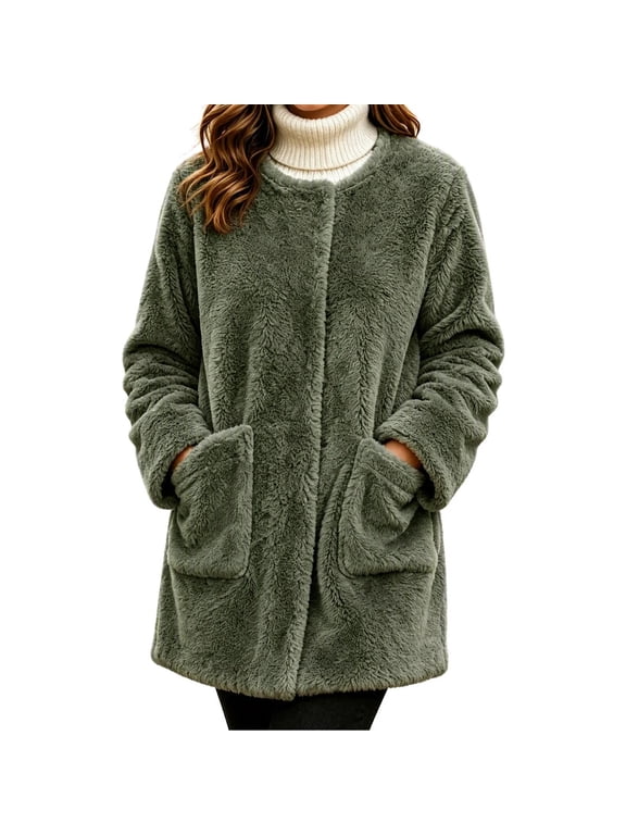 Fuzzy Woman Jackets Fleece Ladies Mid-Length Army Green Jackets Casual Full Sleeve Lightweight Tops,L