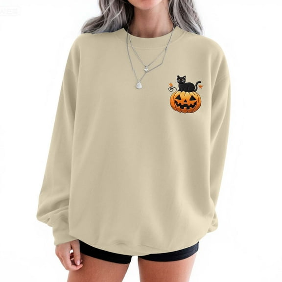 Ovbmpzd Graphic Fall Sweatshirt Beige Funny No Hood Crew Neck Soft Pumpkin Sweatshirts Women's Tops