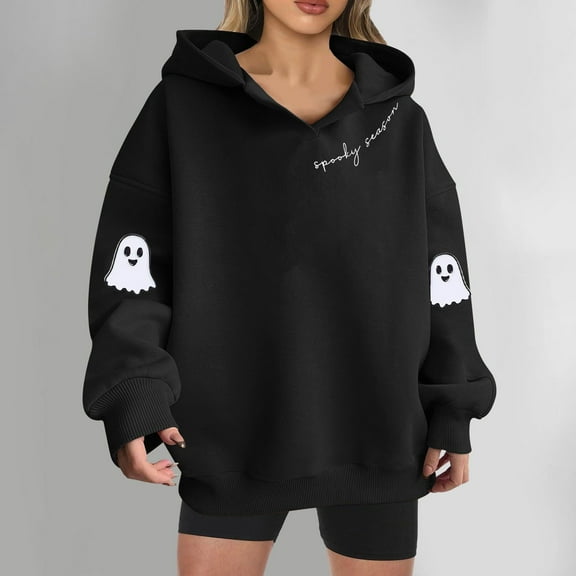 Ovbmpzd Graphic Women's Sweatshirts Soft Black Ghost Comfy with Hood Sweatshirts Shirts for Women