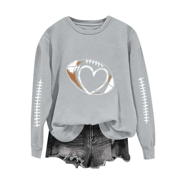 Ovbmpzd Gray Fall Sweatshirt Fleece Football Crewneck Graphic Comfy No Hood Sweatshirts Women Tops