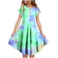 thumbnail image 1 of Ovbmpzd Green Big Girls Dresses Flutter Sleeve Tie-Dyed Dresses Holiday A-Line Casual Dresses,7 Years, 1 of 6