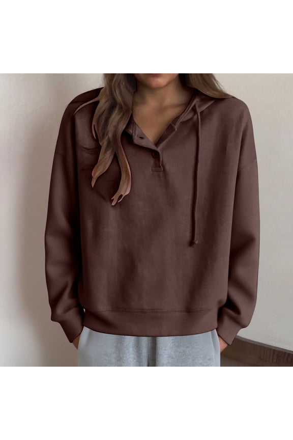 Henley Women's Sweatshirts Comfy Brown Button Up Solid Color with Hood Soft Sweatshirts Womens Going Out Tops