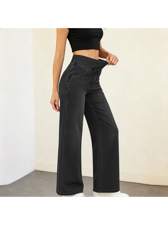 High Waist Womens Summer Pants Stretchy Baggy Casual Expandable Waist Culottes Jeans Womens Pants Casual,S