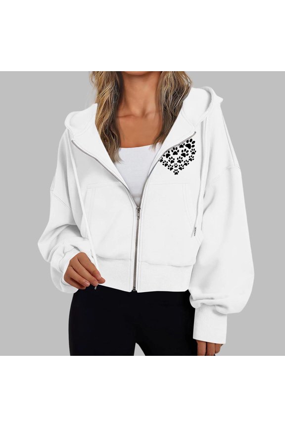 Hooded Winter Coats for Women Long Sleeves Trendy Heart Printed Sweatshirts White Fall Full Zip Lightweight Jacket,S