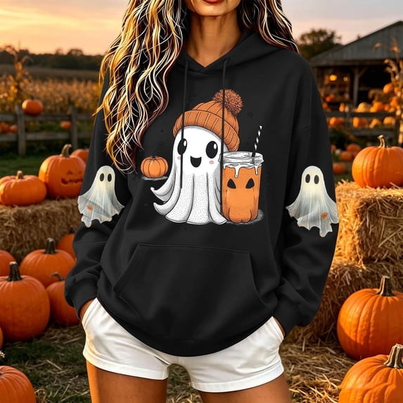 Ovbmpzd Hooded Womens Sweatshirts Halloween Graphic Black Oversized Hoodie Casual Long Sleeve Tops,XL