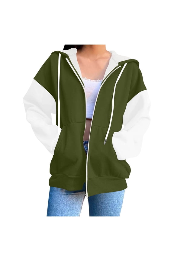 Hoodie Fall Jackets for Women 2025 Trendy Casual Green Zip Up Varsity Long Sleeve Drawstring Jackets Winter Coats for Women L