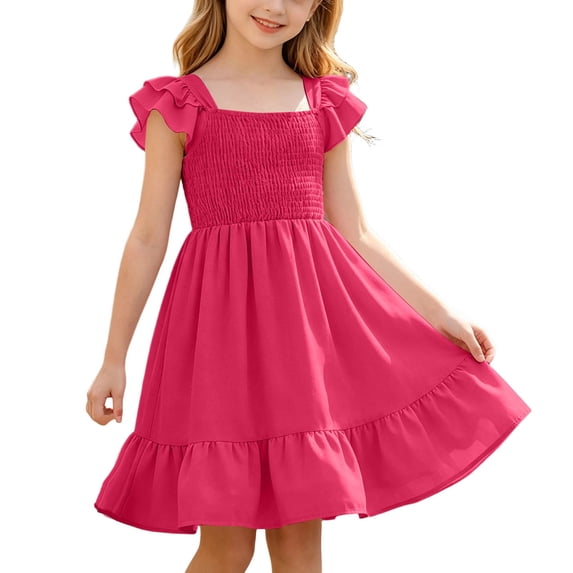 Ovbmpzd Hot Pink Big Girls Dresses Flutter Sleeve Cute Dresses Midi A-Line Ruffled Dresses,9 Years