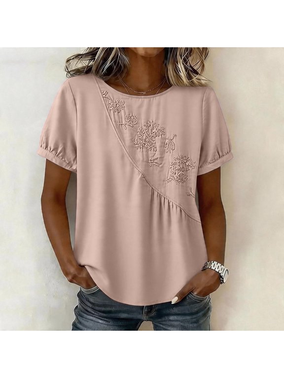 Hot Pink Summer Tops for Women Short Sleeve Summer Crew Neck Relaxed Fit Pull-On Casual Blouses & Tops Work Tops for Women,L