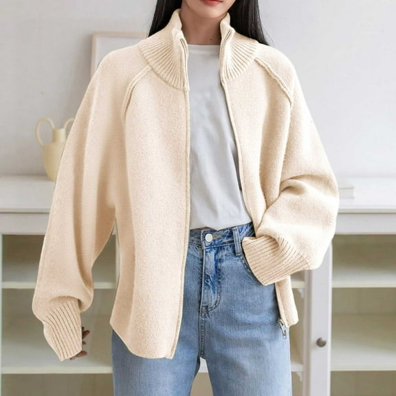 Ovbmpzd Jacket Women Knitting Casual Zip Up Beige Stand Collar Long Sleeve Fashion Jackets Women Coat 0
