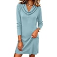thumbnail image 1 of Ovbmpzd Knit Fall Fashion Dresses for Women Warm Midi Light Blue Sweater Dress Slim Cowl Neck Dresses,M, 1 of 6