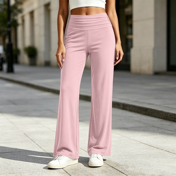 Ovbmpzd Ladies Women's Yoga Pants Wide-Leg Petite Pink Leggings High Waist Long Casual Leggings,M