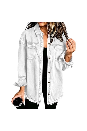 Lightweight Denim Jacket for Women Frayed Short White Denim Jacket Long Sleeve Fall Button Up Trucker Jacket,L