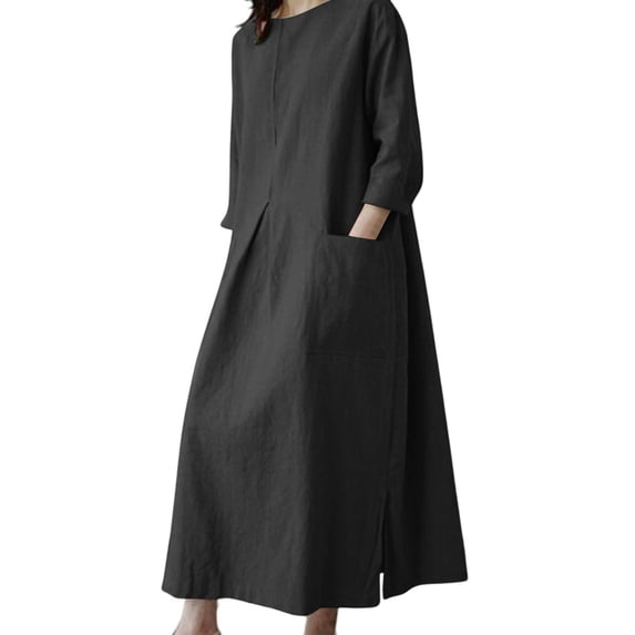 Ovbmpzd Linen Summer Dresses for Women 2026 Vacation Beach Vaction Maxi Black Plus Size Shift Dress 3/4 Sleeve Casual Crew Neck Dresses,XXXXL