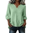 thumbnail image 1 of Ovbmpzd Linen Tops for Women Green Casual Summer V-Neck 3/4 Sleeve Regular Blouses & Tops Going Out Tops for Women,XXL, 1 of 5