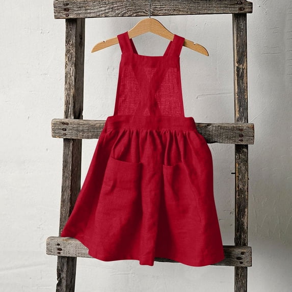 Ovbmpzd Little Girls Dresses Linen Red Layering Jumper Dresses Cross Back Straps Casual Dresses,4 Years