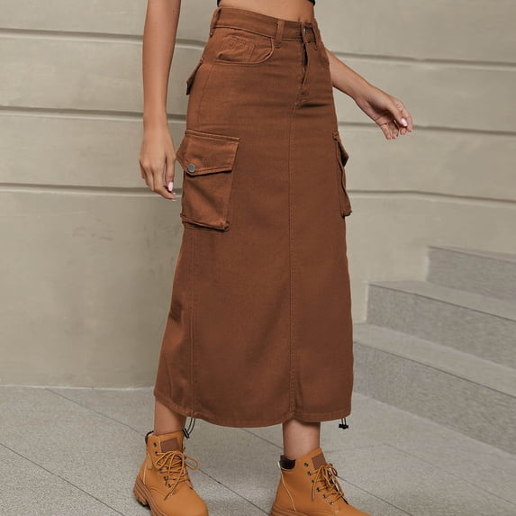 Ovbmpzd Long Skirts for Women Cargo Brown Jean Denim Skirt Pencil Maxi Skirts Summer Skirts for Women L