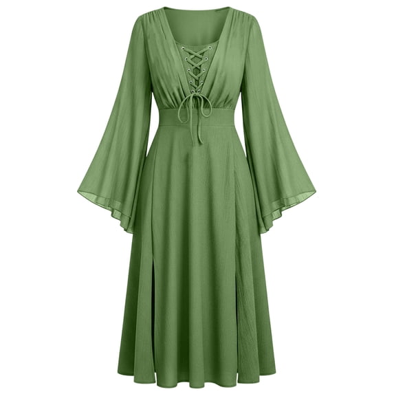Ovbmpzd Long Sleeves Fall Gothic Dresses for Women Extra Long Green Chiffon A-Line Dresses Batwing Sleeves Tie-Waisted Dresses