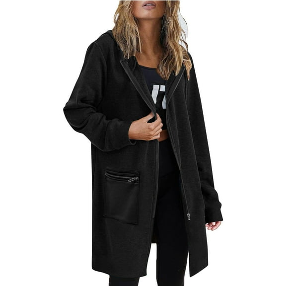 Ovbmpzd Long Women Jackets Black Hooded Zip Up Casual Plain Long Sleeve Jackets with Zipper Pockets Womens Winter Coats XXL