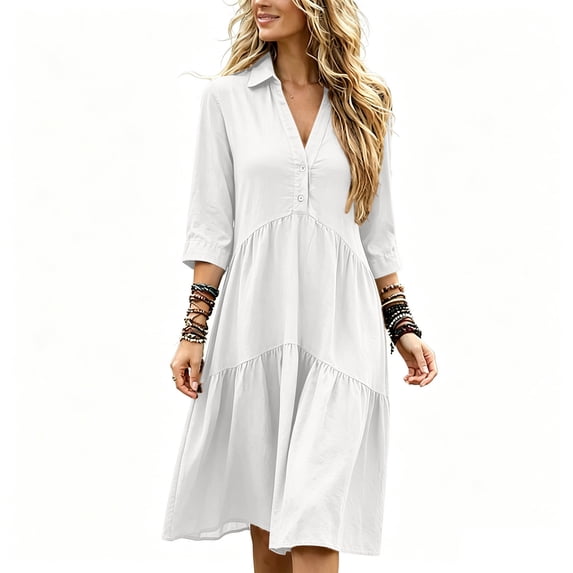 Ovbmpzd Loose Fit Midi Summer Dresses for Women 3/4 Sleeves Flowy V-Neck White Fall Dresses,L