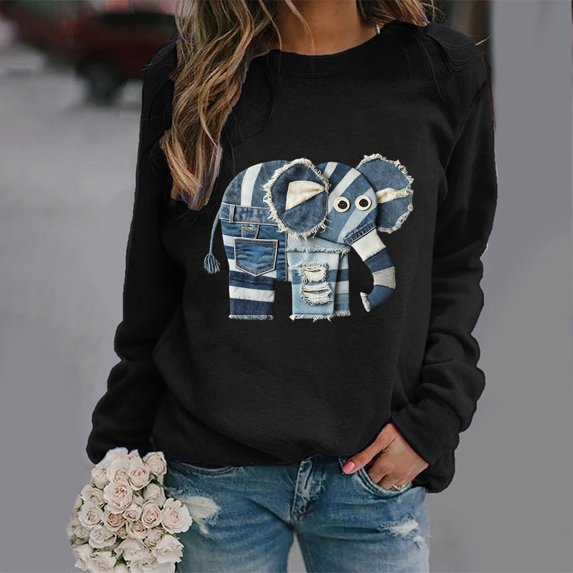 Ovbmpzd Loose Fitting Crew Neck Sweatshirt For Women Long Sleeve Fall Elephant Printed Shirts Tunic Winter Black Trendy Tops
