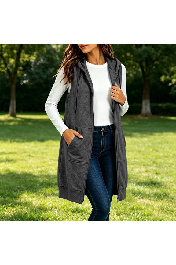 Loose Fitting Fall Coats for Women Plus Size Hooded Long Length Vests Spring Full Zip Jacket With Pockets,S