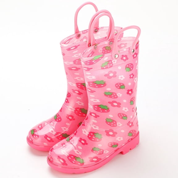 Ovbmpzd Non-slip Sole Girls Rain Boots 9-10 Years Mid Calf Cute Waterproof Pink Boots with Easy-On Handles Girls Boots Size 9