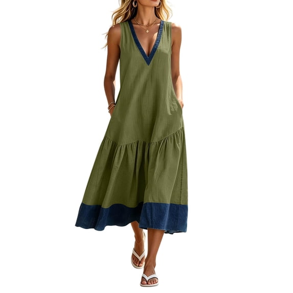 Ovbmpzd Maxi Denim Women Dress A-Line Sleeveless Army Green Jumper ...