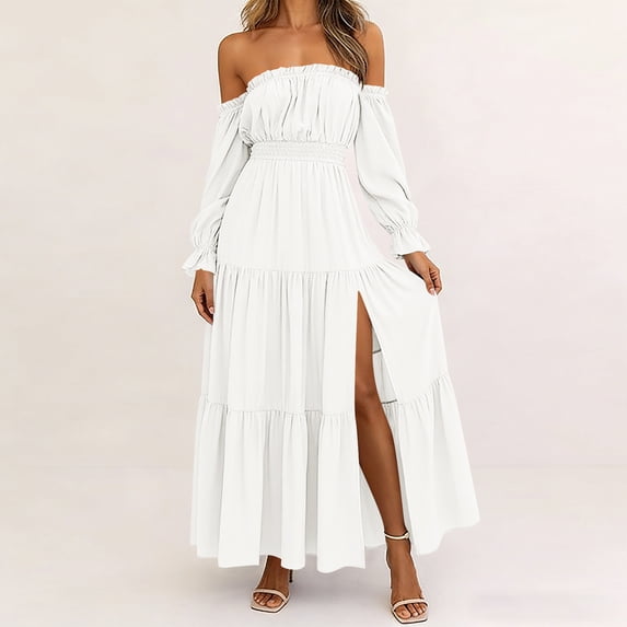 Ovbmpzd Maxi Summer Dresses for Women With Long Sleeves Wedding Guest Off The Shoulder Dresses White Casual Elegant formal Dresses,XL