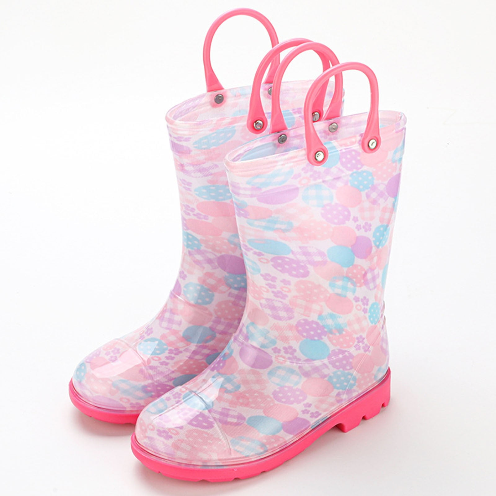 Ovbmpzd Mid Calf Girls Rain Boots 9-10 Years Waterproof Non-slip Sole Pink Cute Boots with Easy-On Handles Girls Boots Size 9