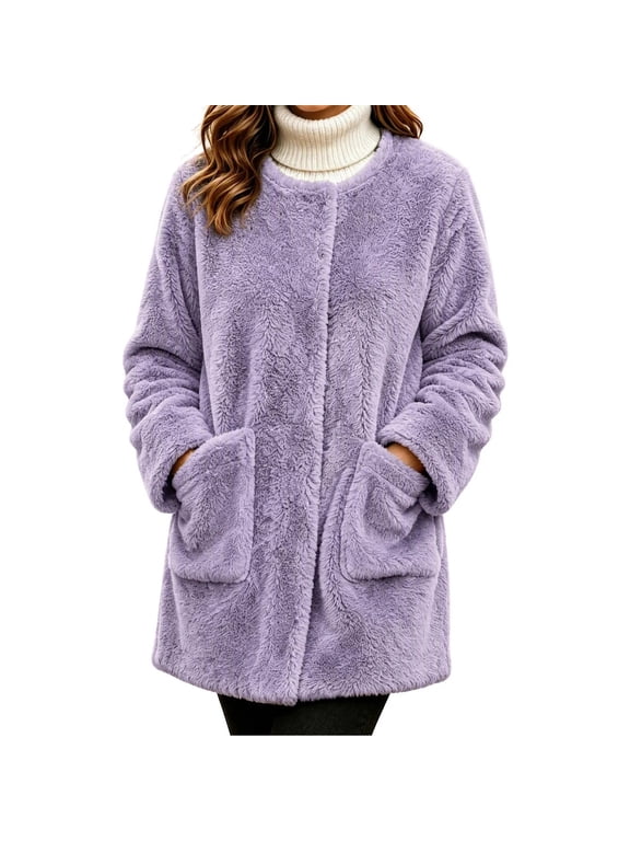 Mid-Length Fall Jackets for Women Ladies Purple Fleece Fuzzy Jackets Casual Full Sleeve Lightweight Tops,L