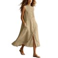 thumbnail image 1 of Ovbmpzd Midi Beach To City Summer Dress for Women Khaki Linen Pleated Shift Dress Sleeveless Button Down Casual Dresses,XXL, 1 of 6