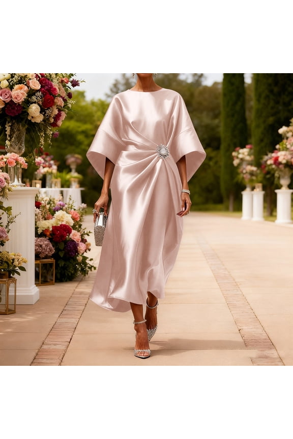 Midi Dress for Women Half Sleeve Petite Satin Pink Dress Dresses Womens Sundresses L