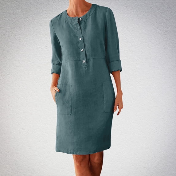 Ovbmpzd Midi Dresses for Women Casual Summer 3/4 Sleeve Linen Dresses Crew Neck Pockets Blue T-Shirt Dresses,XXXXXL