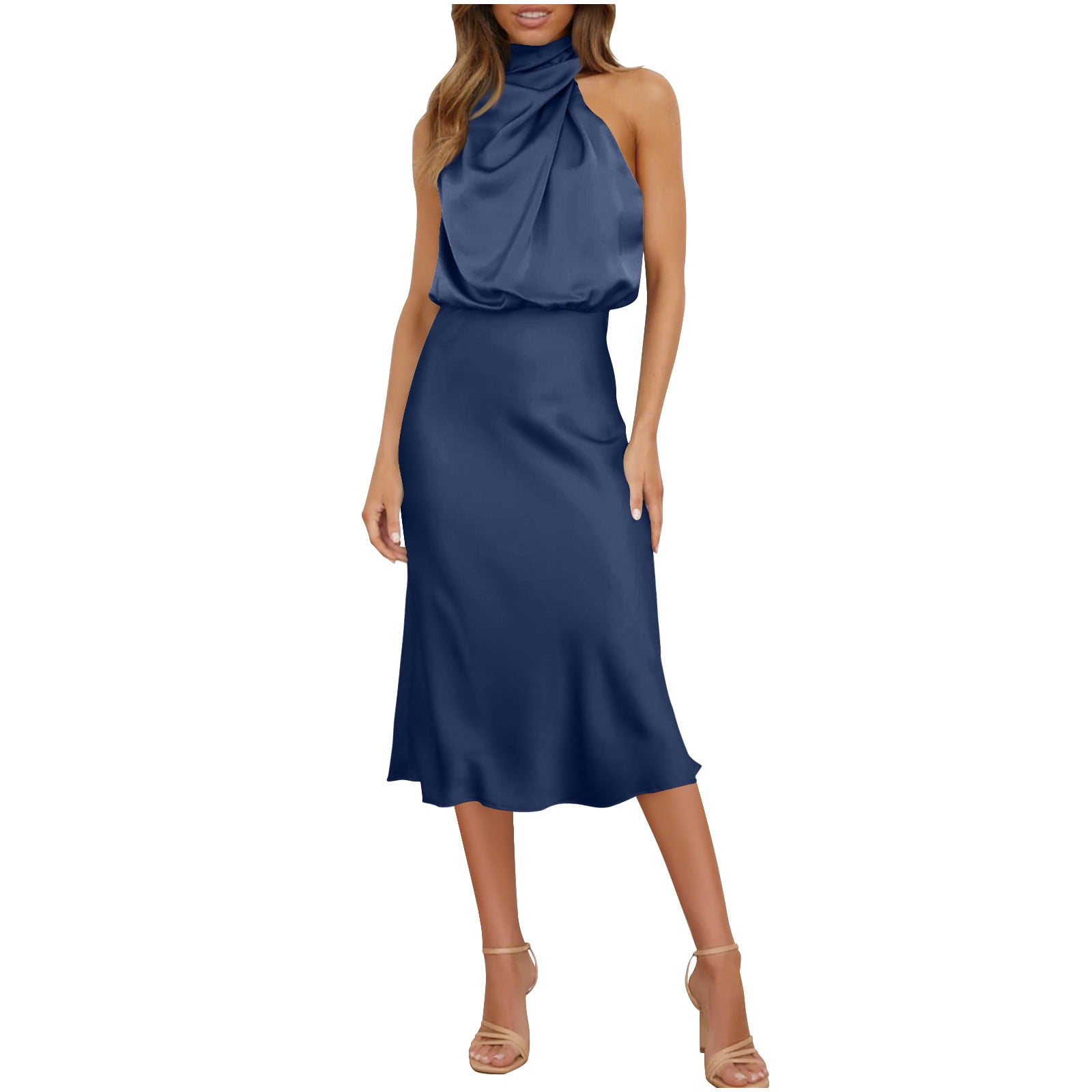 blue satin dress wedding guest Blue Satin Dress With Flutter Sleeves