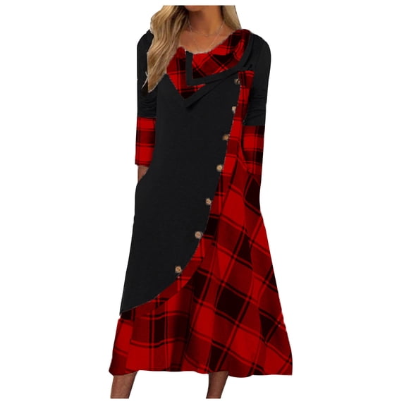 Ovbmpzd Midi Fall Dresses for Women Long Sleeves Plaid Tiered Black Dresses Loose Trendy Casual Dresses Plus Size