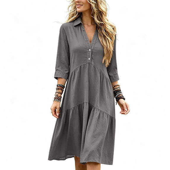 Ovbmpzd Midi Summer Dresses for Women 3/4 Sleeves Loose Fit Flowy Gray V-Neck Fall Dresses,S