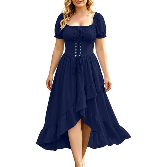Ovbmpzd Navy Dresses for Women Gothic Vintage Midi A-Line Dresses Puff Short Sleeve Casual Dresses,L