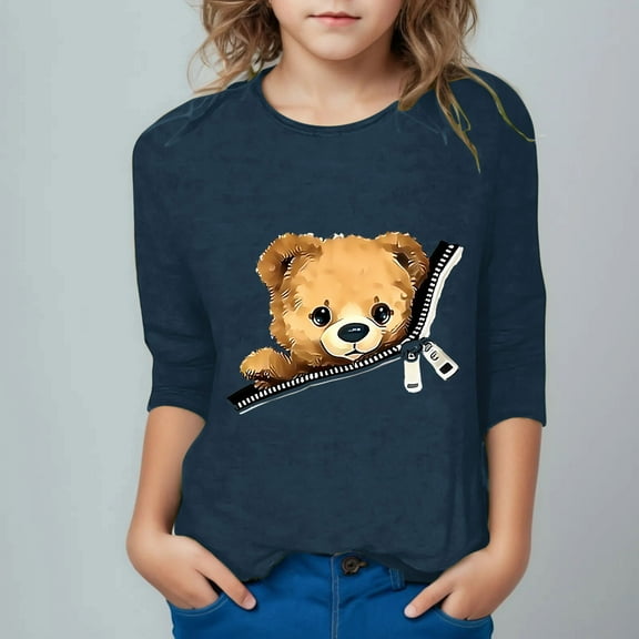 Ovbmpzd Navy Toddler Tops Girls Cotton Cute 3/4 Sleeve Cartoon Blouses Tees for Girls 3 Years