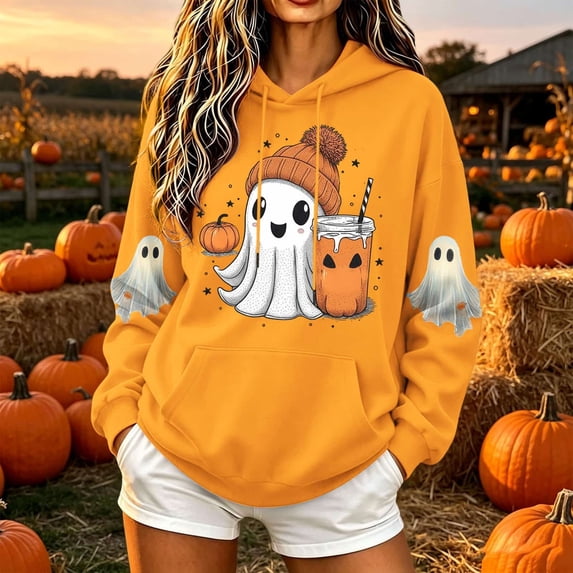 Ovbmpzd Oversized Adult Halloween Sweatshirts Hooded Yellow Graphic Hoodie Long Sleeve Casual Tops,M